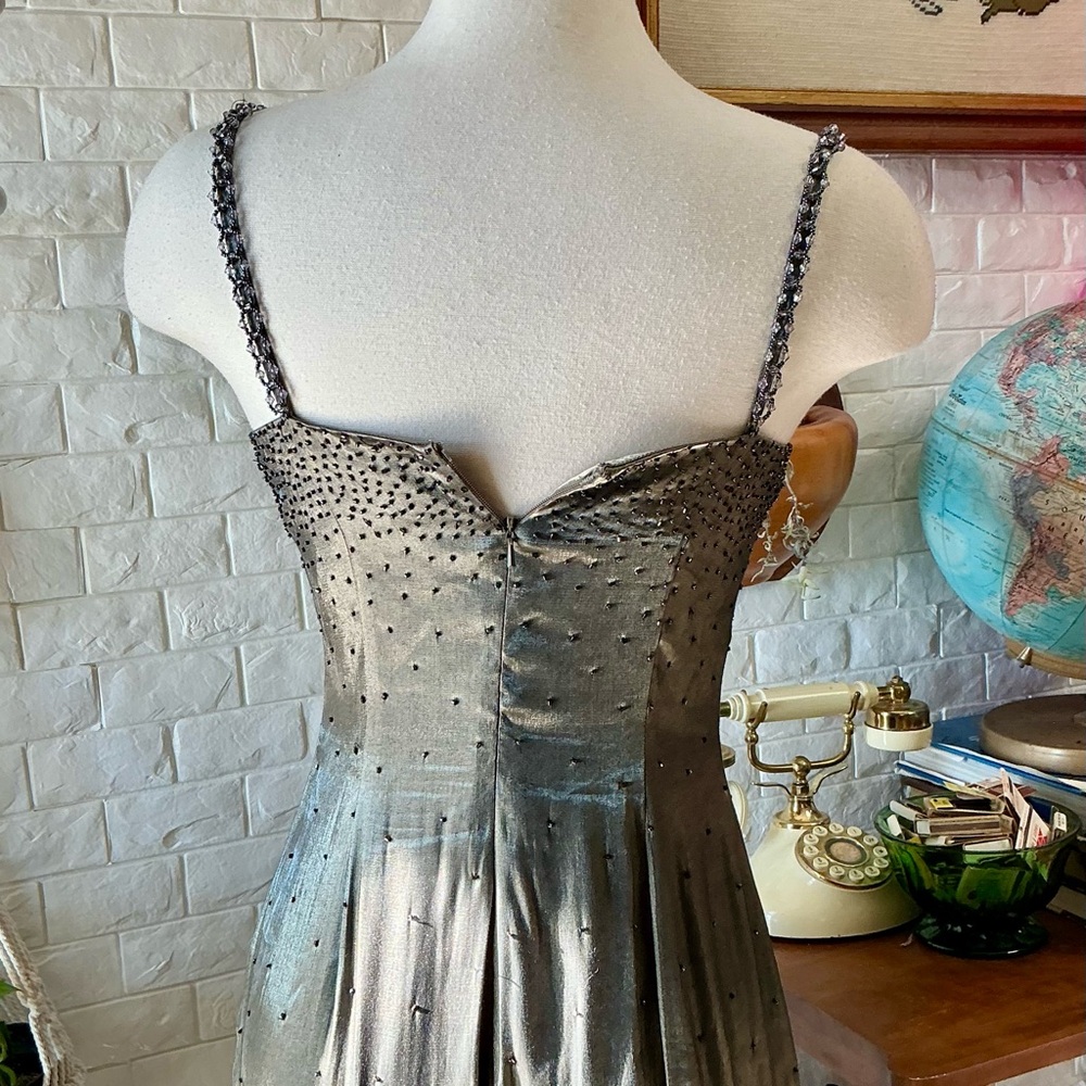 Vintage 1990s Y2K Cache Olive Satin and Chiffon Asymmetrical Hem Beaded Gown - Picture 12 of 16